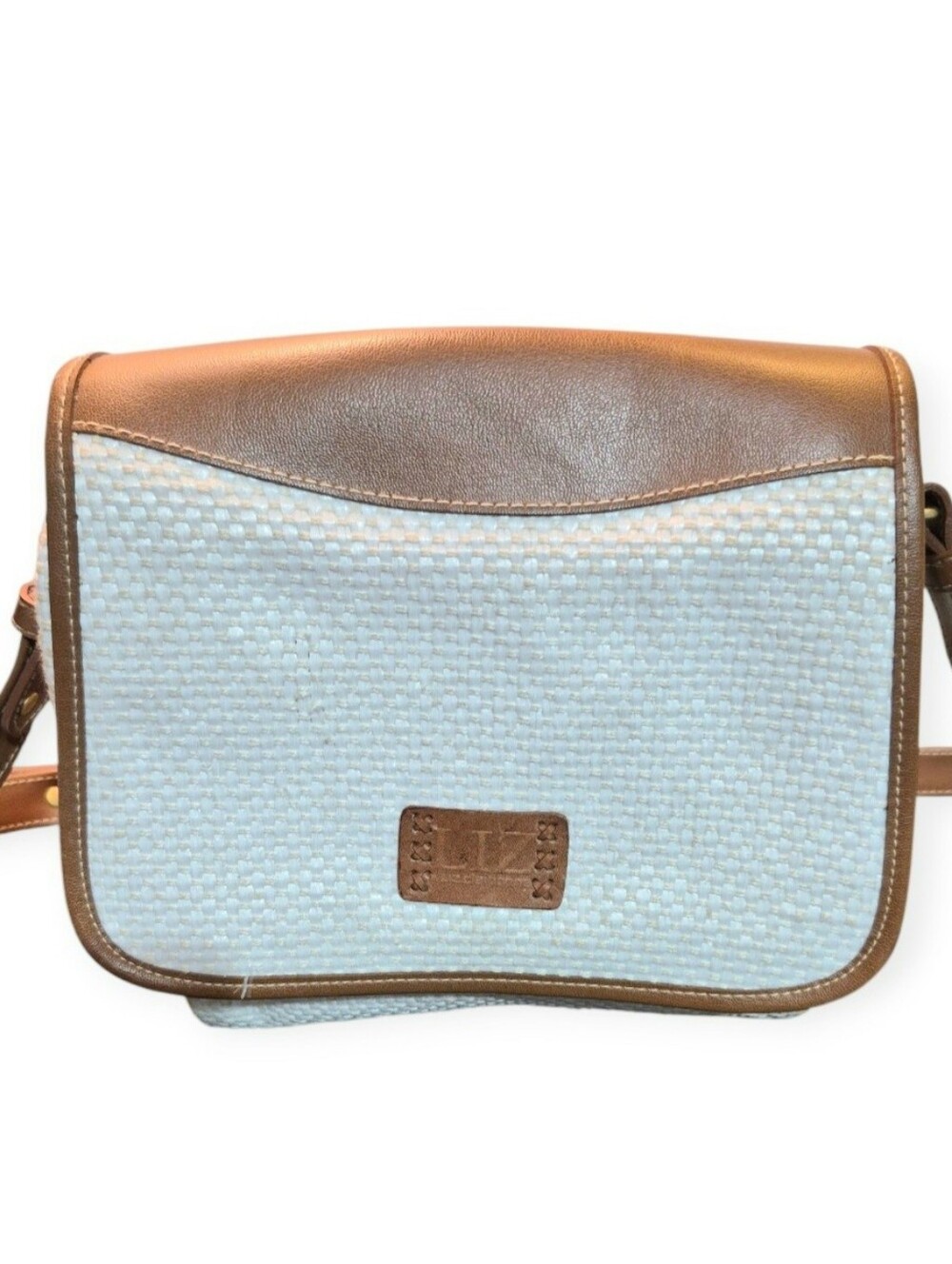 Liz Claiborne Cream Color Woven Crossbody with Branded Leather Patch Brown Trim